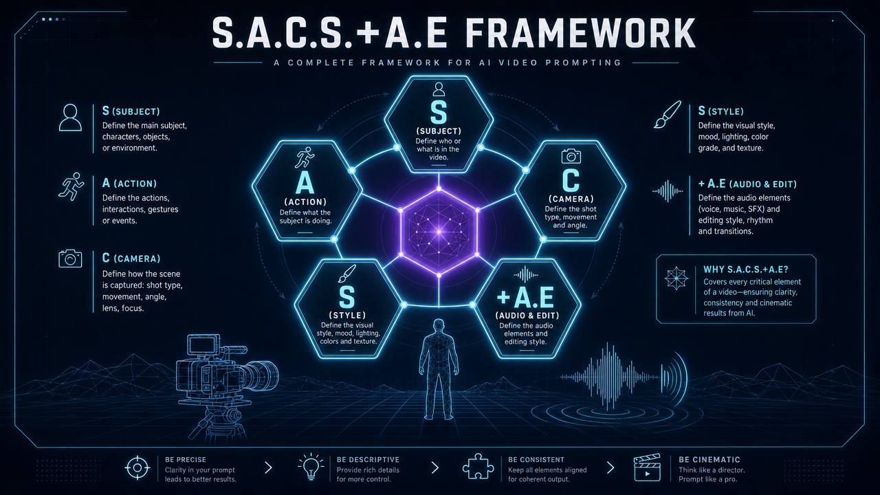 S.A.C.S.+A.E AI video prompt framework — Subject, Action, Camera, Style + Audio & Edit Plan