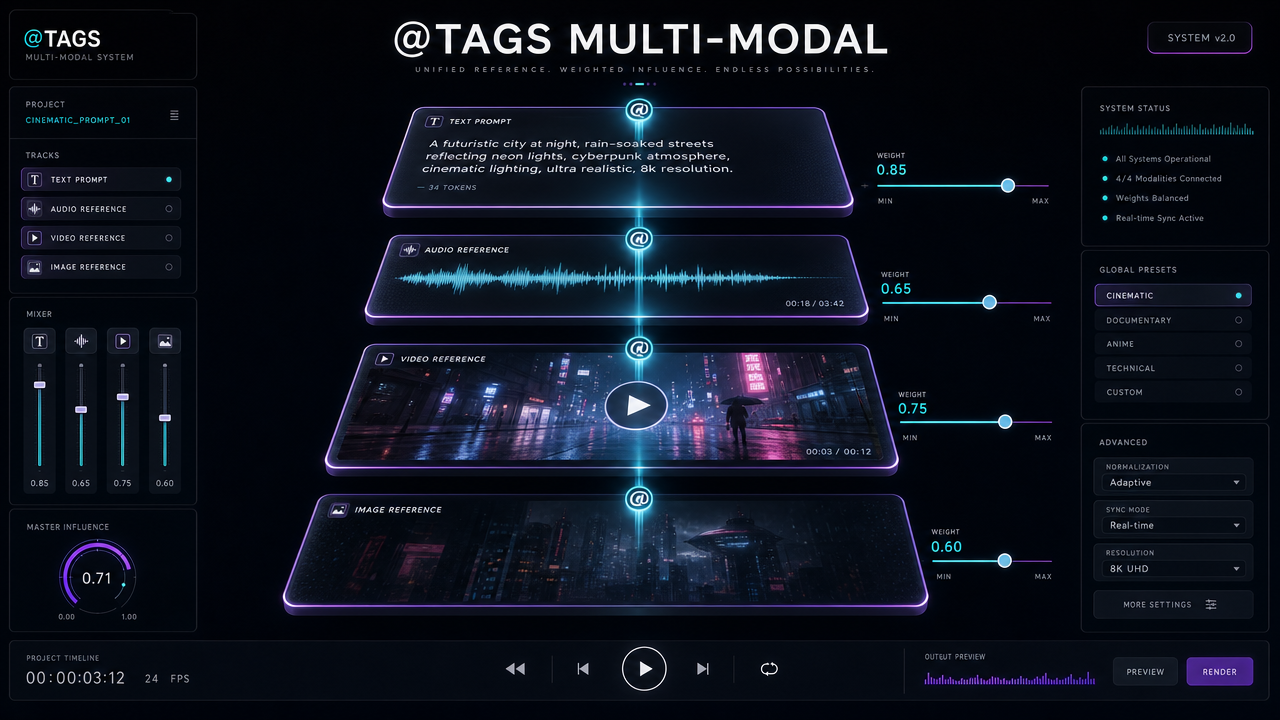 Multi-modal @Tags reference system for AI video prompt engineering
